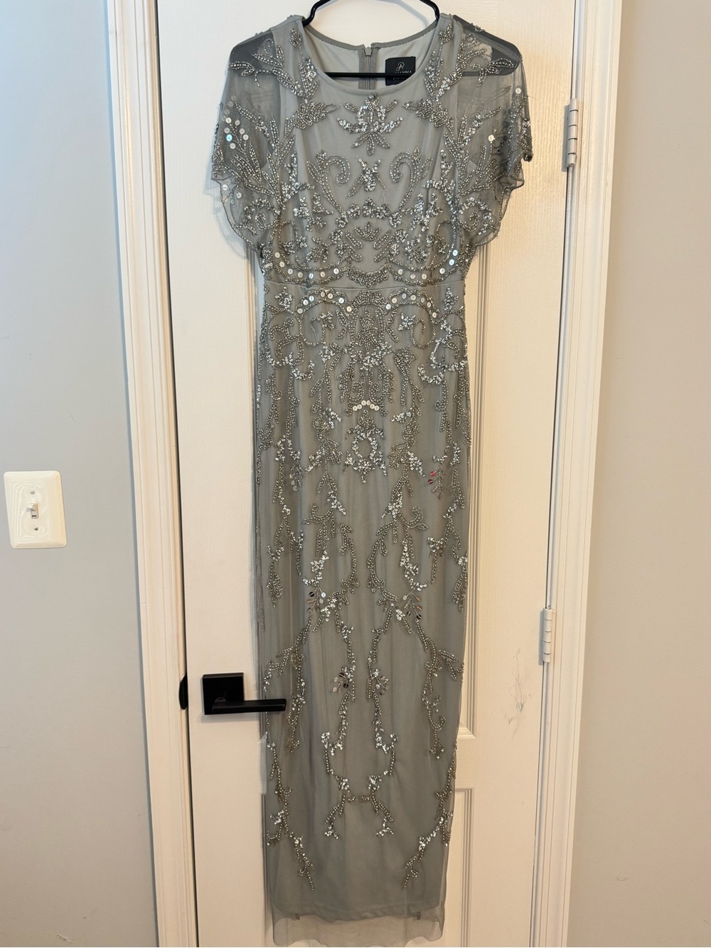 Adrianna Papell Silver Gray Embellished Beaded Evening Gown